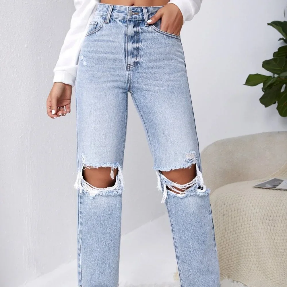 Blue Casual Womens Ripped Raw Cut Straight Leg Jeans - Picture 2 of 5